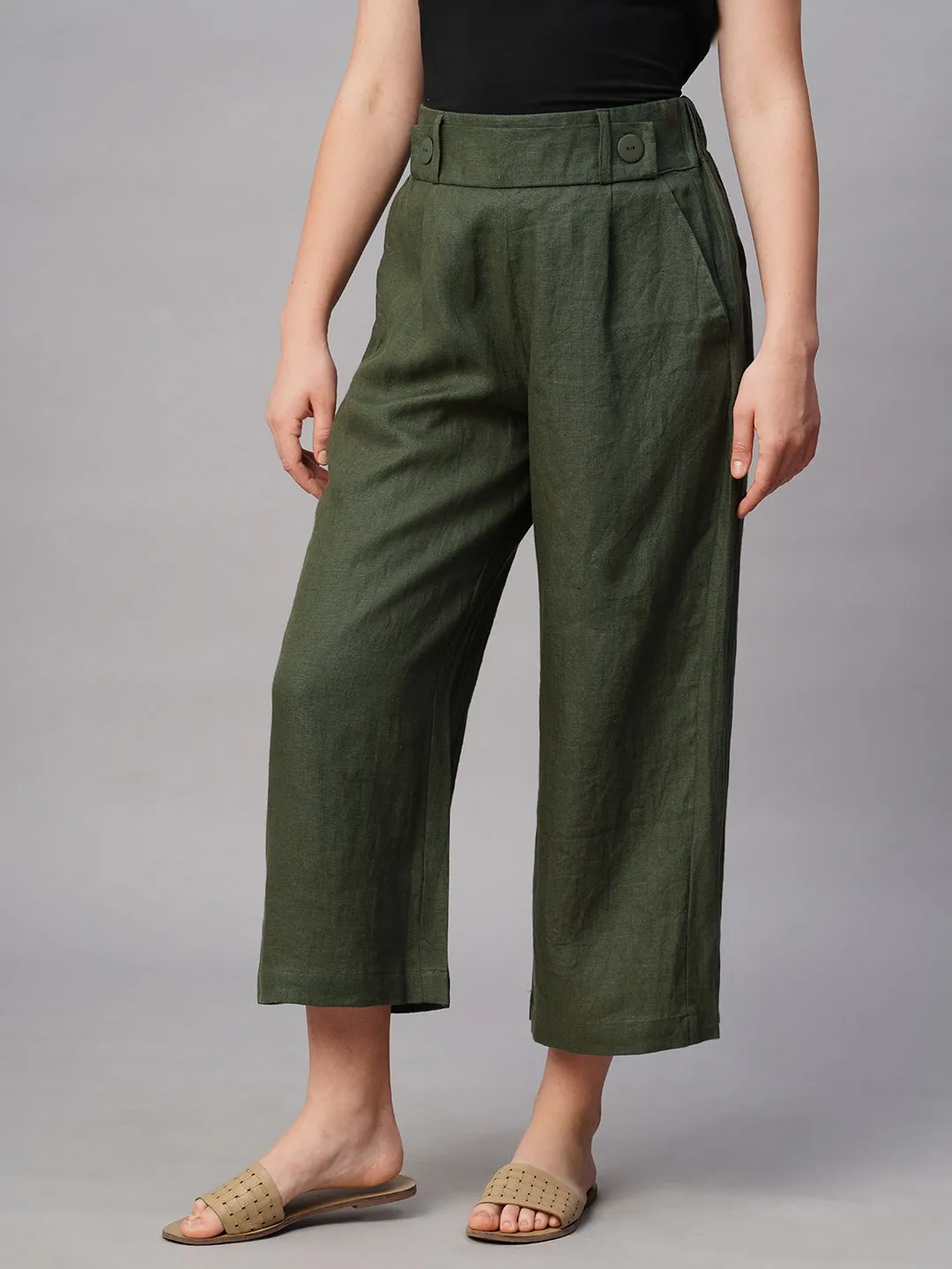 Women's Olive Linen Regular Fit Culotte