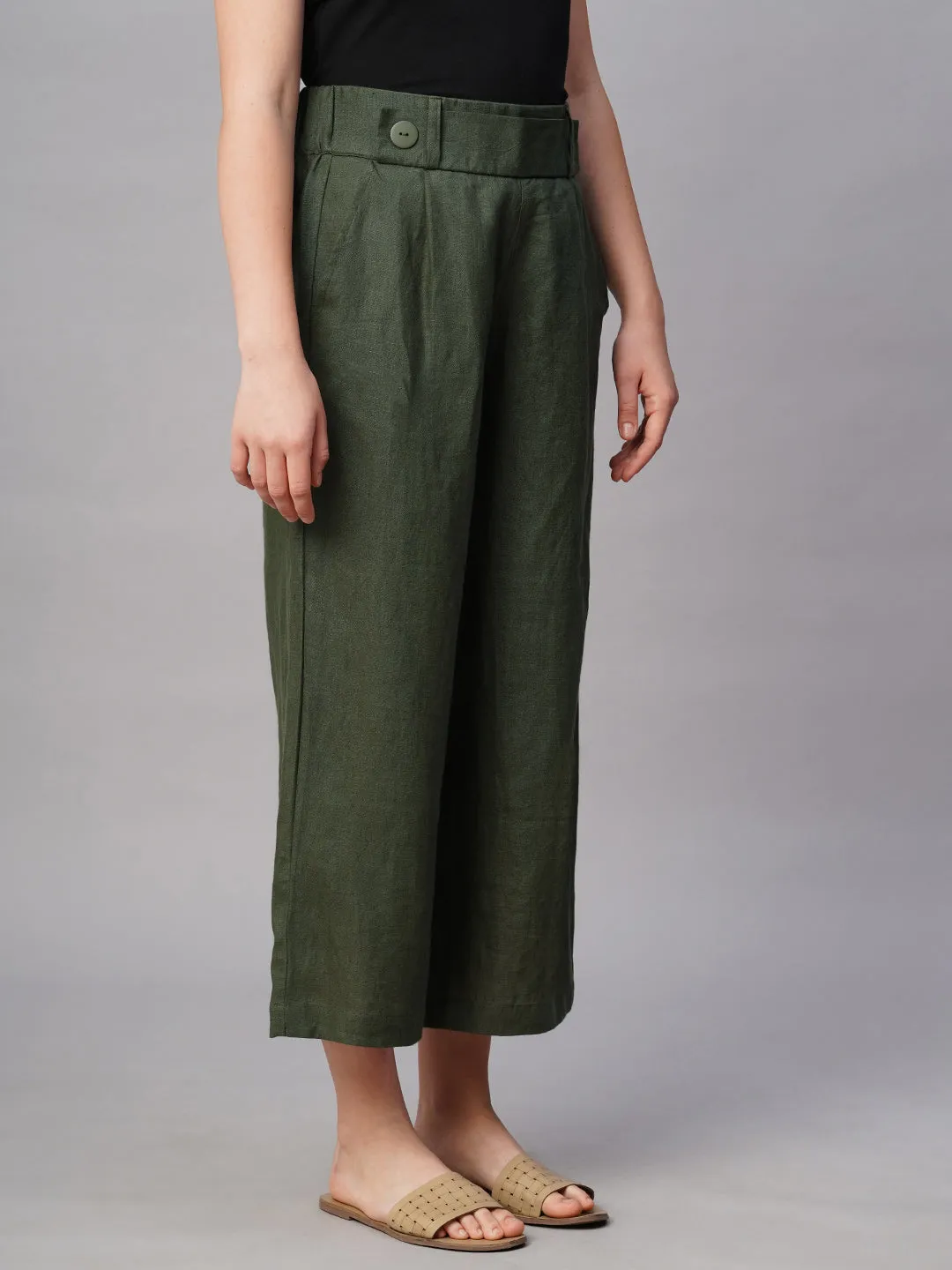 Women's Olive Linen Regular Fit Culotte