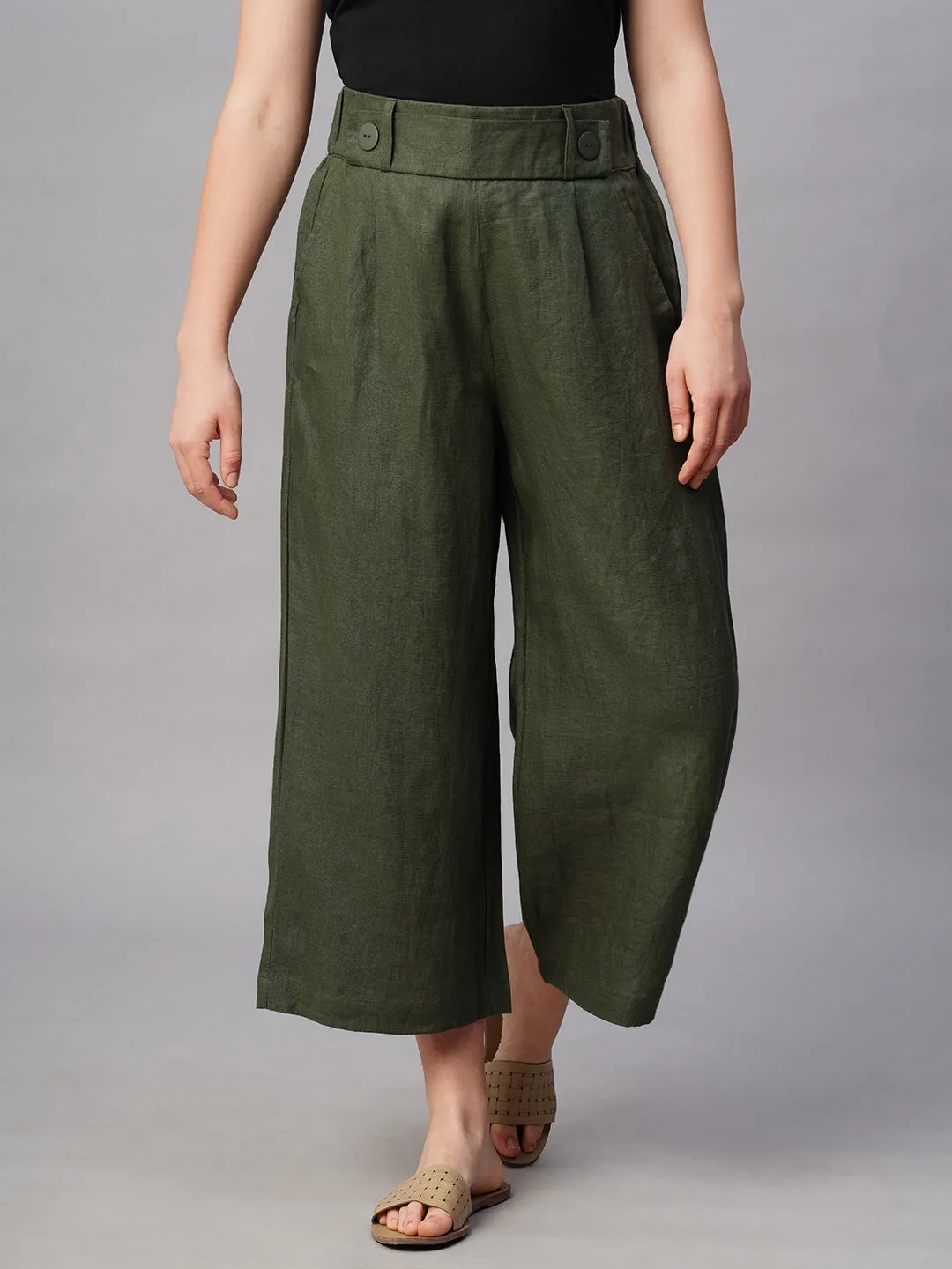 Women's Olive Linen Regular Fit Culotte