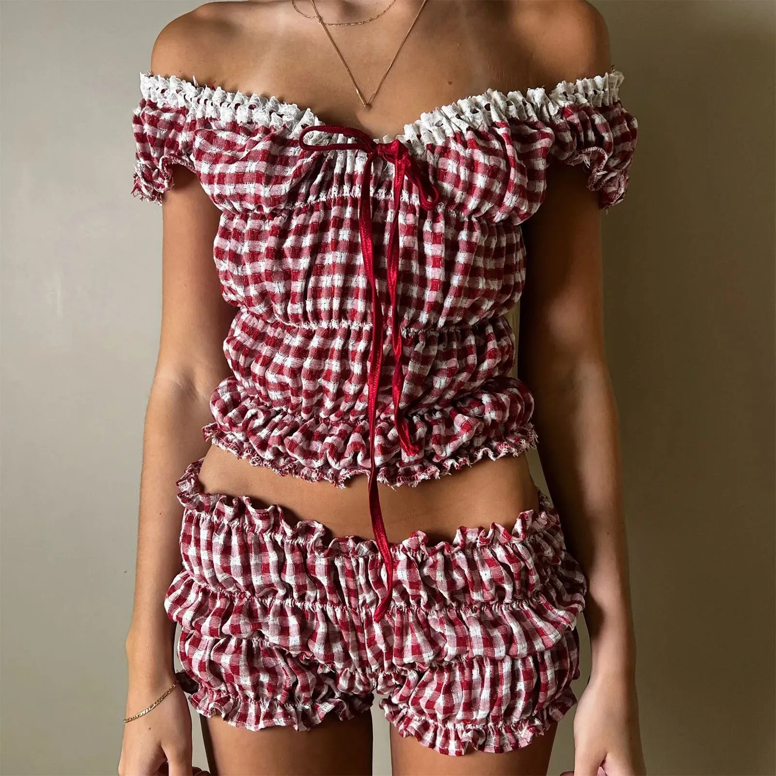 Women's Ruffle Off Shoulder Smocked Top and Bloomers Coquette Pajama Set