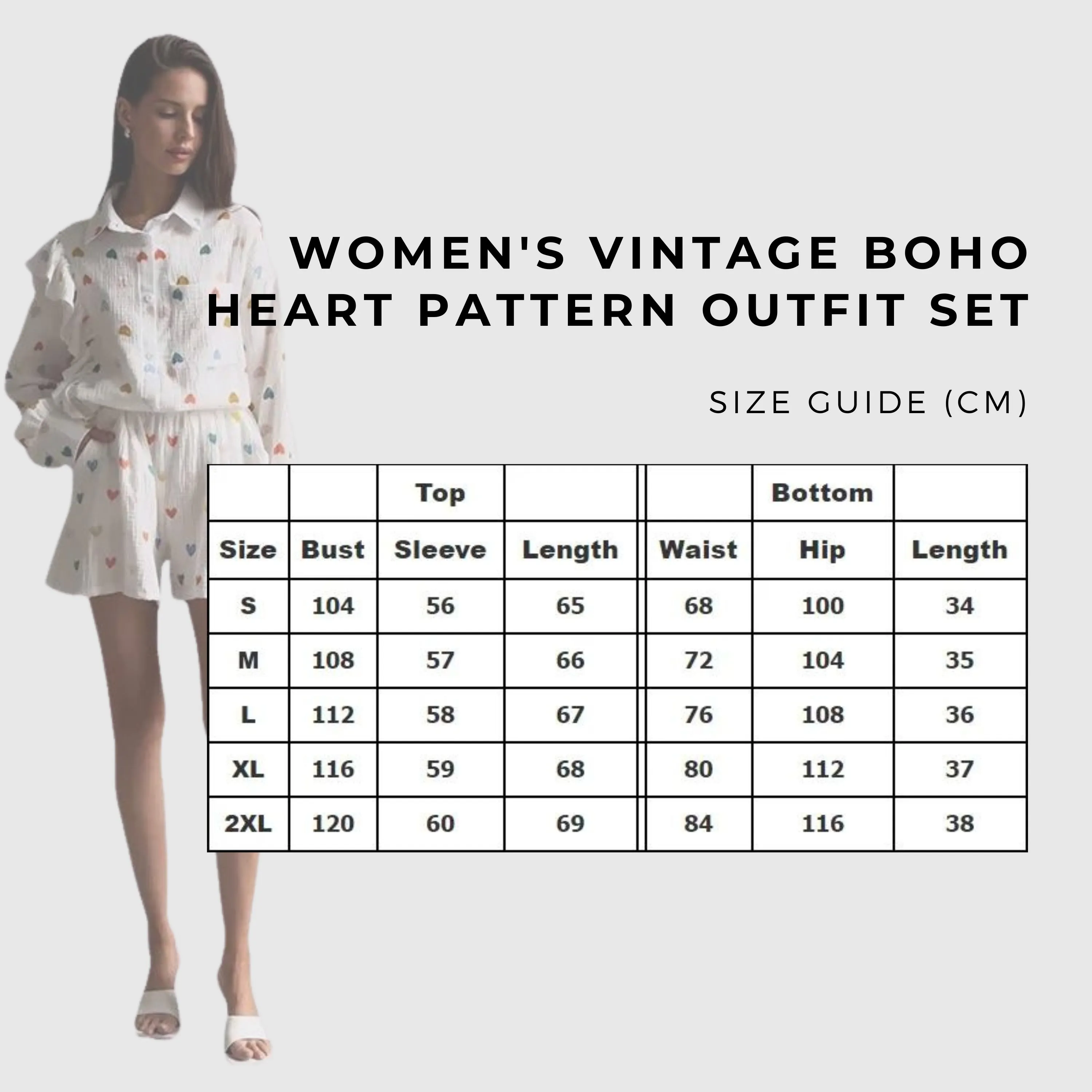 Women's Vintage Boho Heart Pattern Long Sleeved Shirt and Shorts Outfit Set