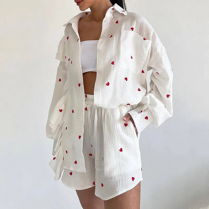 Women's Vintage Boho Heart Pattern Long Sleeved Shirt and Shorts Outfit Set