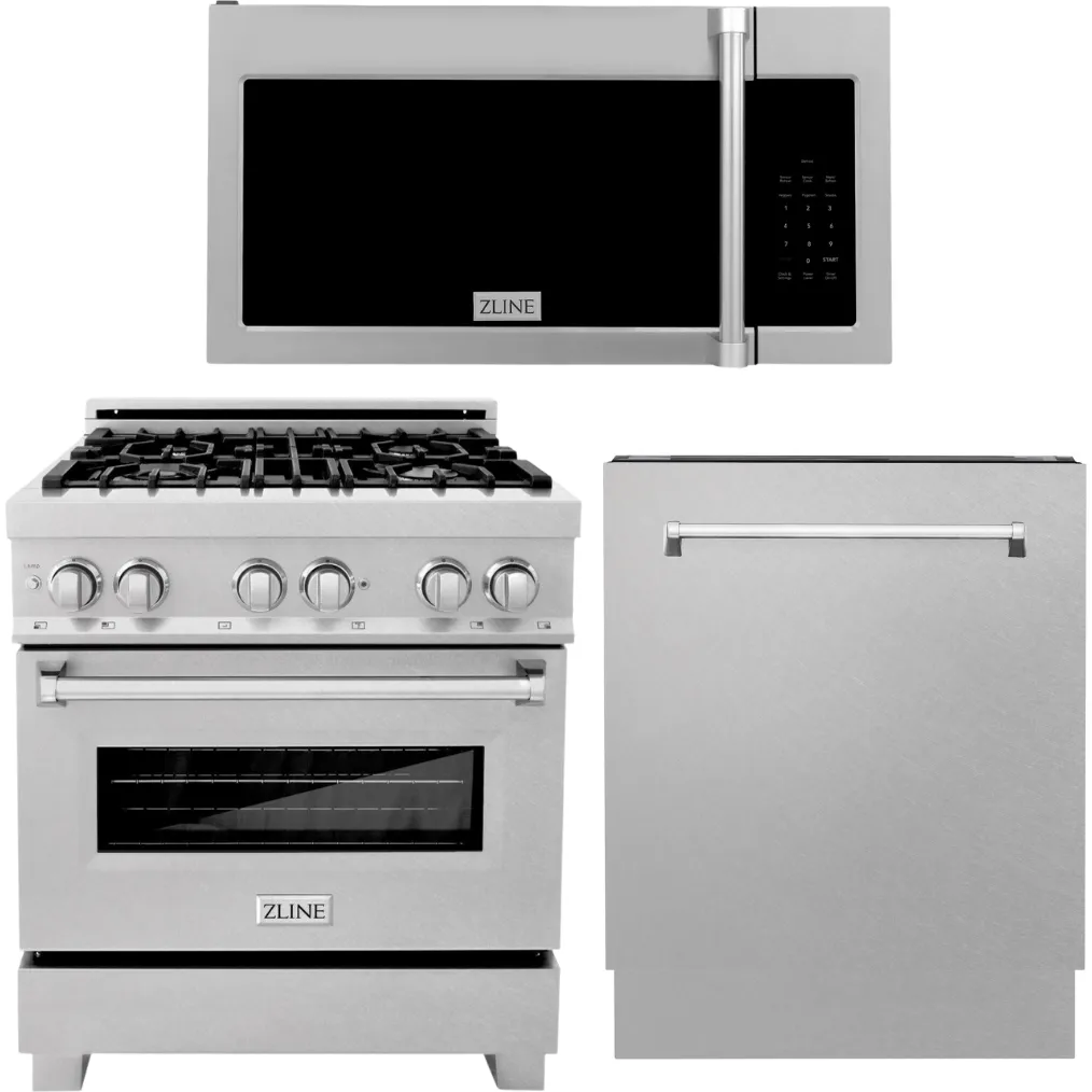 ZLINE 30 in. Kitchen Appliance Package with Stainless Steel Gas Range, Traditional Over The Range Microwave and Tall Tub Dishwasher, 3KP-RGOTRH30-DWV